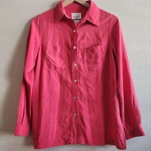 Vtg Lizden Shirt Womens Small Pink Button Front 100% Silk Long Sleeve Pocket Top